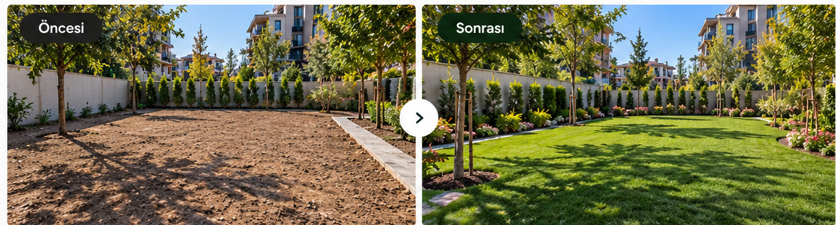 Aynı bahçenin çimlendirme öncesi ve sonrası